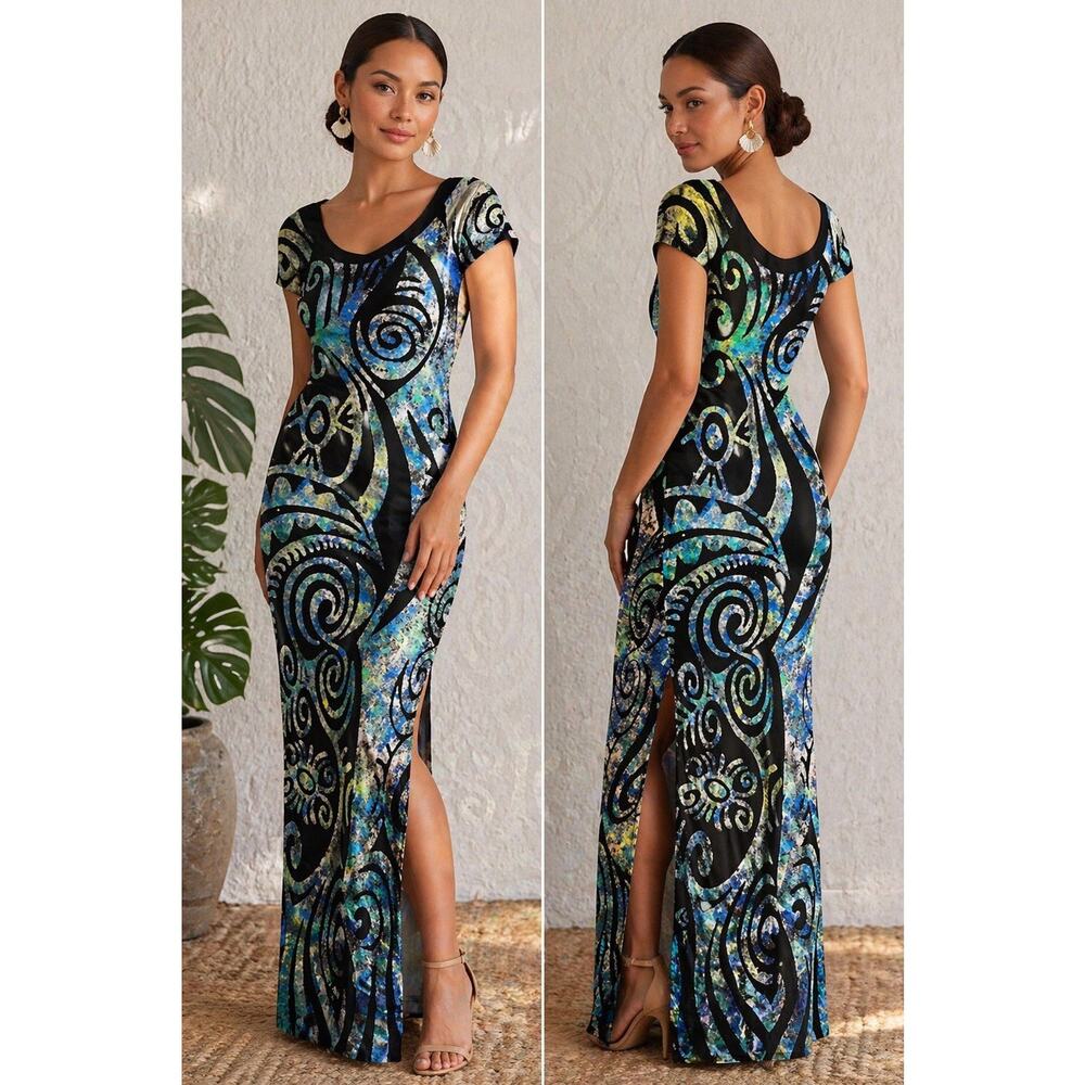 NWT PIA Pacific Islands Art Tribal Maxi Spandex Dress Women’s Medium Handpainted